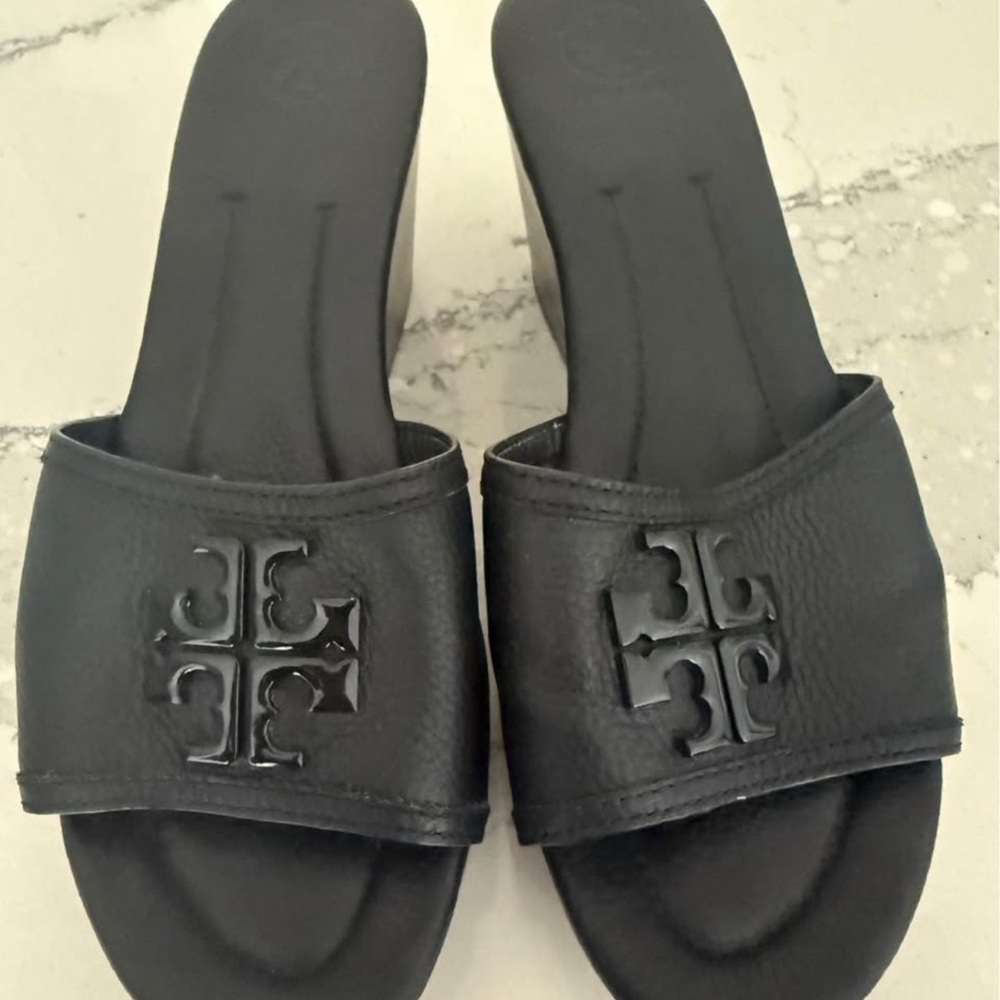 Tory Burch Black Wedge Shoes with Signature Logo